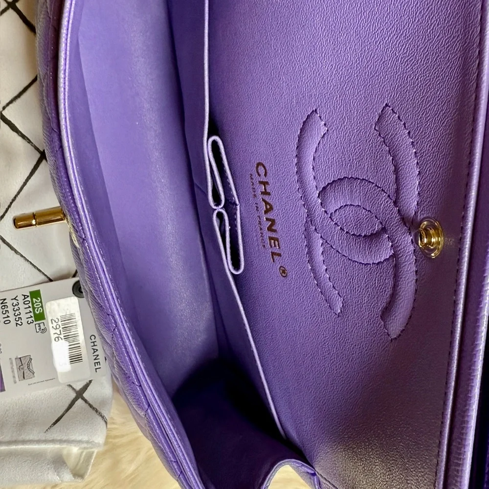 NEW Chanel 20S Lilac Caviar Small Classic Flap Bag Light Gold Hardware RARE